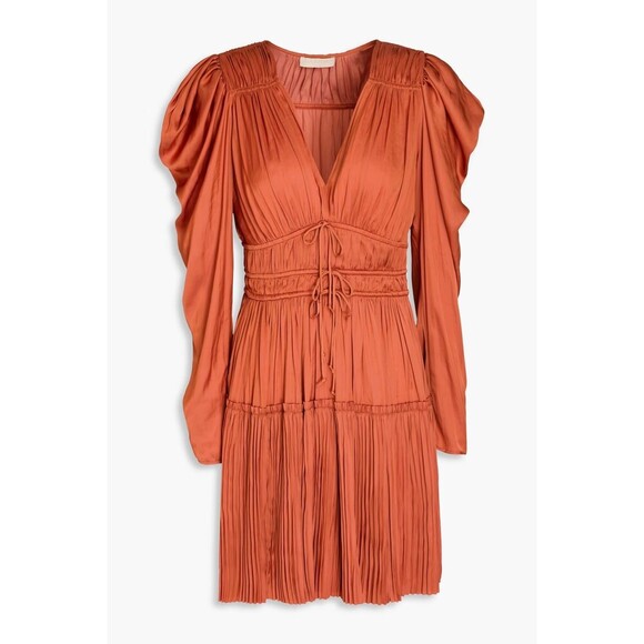 Ulla Johnson Lu Bow Satin Detailed Mini Dress 8 Tan Orange Pleated Polyester - Picture 3 of 11